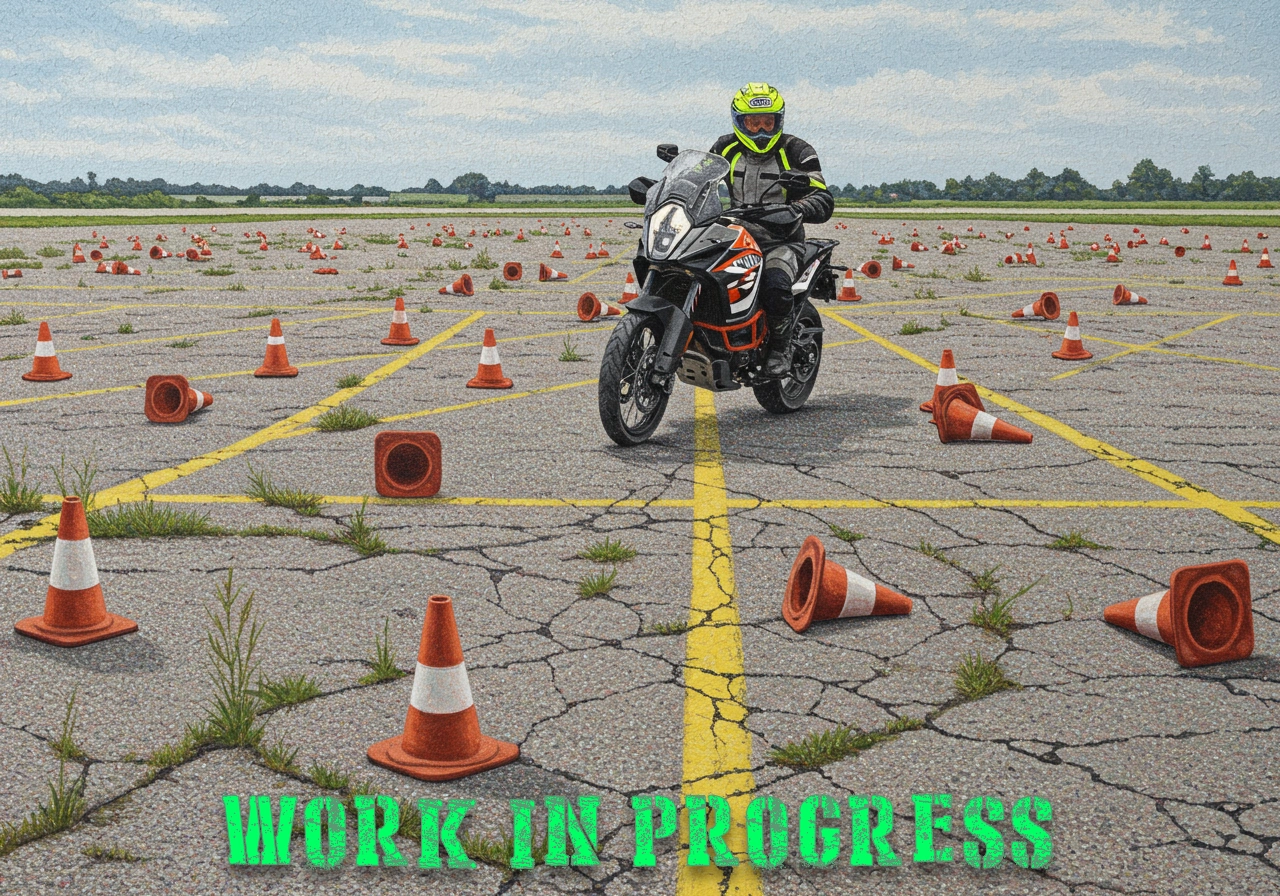 A motorcycle rides through a parking lot full of traffic cones, some knocked over.